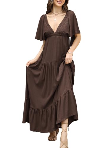 Image of Kikibell Women Summer Dresses Sexy V-Neck Maxi Dress Tiered Silhouette with Flutter Sleeve Backless Elastic Waist Flowy Dress