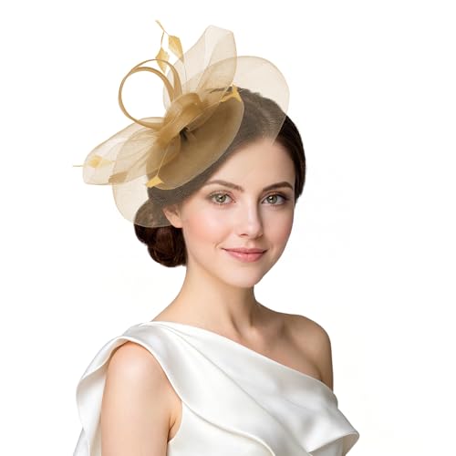 Gold Fascinators for Weddings Champagne Feather Mesh Headband Hat Elegant Hair Accessories for Mother of the Bride Royal Ascot Ladies Day 2026 & Vintage Tea Party