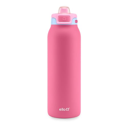 Ello Pop & Fill 32oz Stainless Steel Water Bottle with Quick Fill Technology, Double Walled and Vacuum Insulated Metal, Leak Proof Locking Lid, Sip and Chug, Reusable, BPA Free, Cherry Breeze