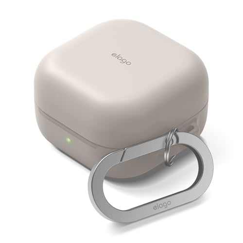 Image of elago Premium Silicone Case with Carabiner, Compatible with Samsung Galaxy Buds 4 Pro Case & Galaxy Buds 4 Case, Full Protection, Wireless Charging, Headphone Accessories, for Men, for Women (Stone)