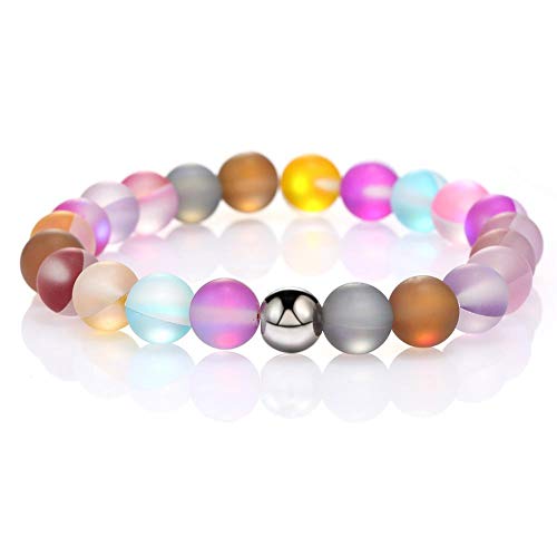 4Pcs Mystic Mermaid Beaded Stretch Bracelet Handmade Round Glass 8Mm Multicolor Matte Beads Elastic Bracelet Shining Moonstone Beads Wristband For Women Girl Valentines Jewelry(A) #TOP4