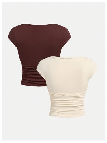 WDIRARA Girl's Two Piece Bow Graphic Crop Top Scoop Neck Fitted Cap Sleeve Ruched T Shirts2