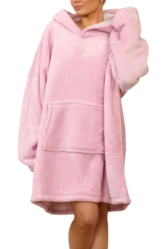 FASHIONISM Uniseks oversized sherpa-deken fleece hoodie super zachte capuchon sweatshirt deken winterkleding warme comfortabele hoodie, Dusty Roze, One size