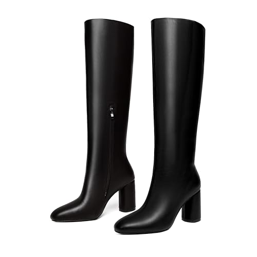 Vertundy Chunky Heel Long Boots For Women Square Toe Leather Knee High Tall Boots3