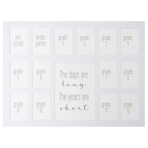 Image of Rustic Red Door Co. 12x16 School Days Picture Mat with Multiple Openings - School Years Photo Collage - No Frame - 1 Pre-School & Kindergarten to 12th Grade (15 Photos, 1PreK - 12th, White)