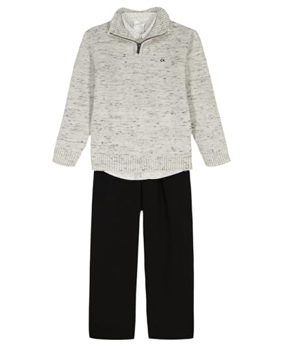 Calvin Klein Boys' 3-Piece Sweater Set with Matching Button-Down Shirt and Pants, Cream Space Dye, 5