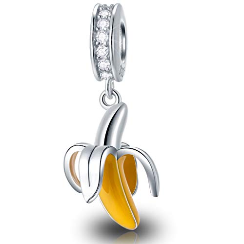 Fruit Banana Dangle Charm, 925 Sterling Silver Yellow Enamel Fit Pandora Women Bracelet, Europe snake Beads Charms for Bracelets Necklaces Wedding/ Valentine's Day/ Mother's Day Gifts