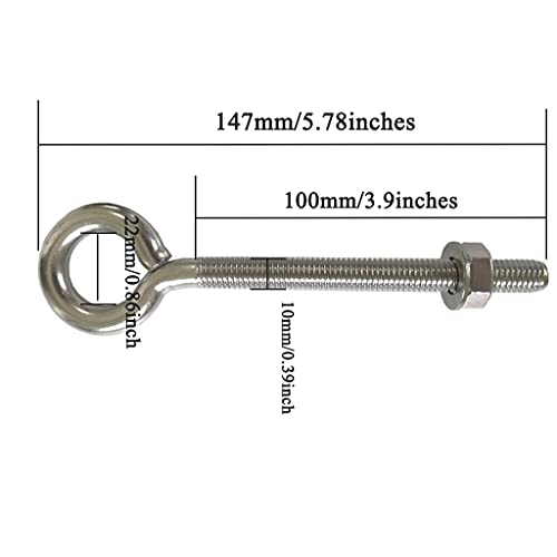 Image of Stainless Steel Eye Bolt, 2pack M10 Heavy Duty Eye Bolts 3 /8 inch X 4 inchwith Nuts and Washer Thread Lifting Ring Eyebolt, Long