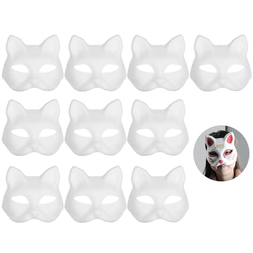 10 Pack Cat Masks - Therian DIY White Half Masks for Masquerade, Cosplay, Party Favors