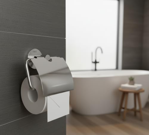 Image of Force Toilet Paper Roll Holder with Round Chrome Finish - Wall Mounted Stainless Steel 304 with Brass Base - Bathroom Tissue Roll Holder with Built-in Shelf - Rustproof, Durable & Elegant Design