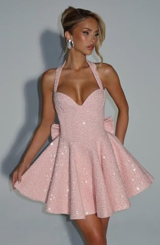 Sequin Homecoming Dresses for Teens 2025 Halter Short Prom Dress Ruched A Line Cocktail Party Gown with Bow3