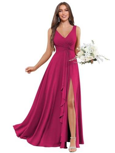 Image of BOLENSYE Bridesmaid Dresses Long Ruched Ruffles Chiffon A Line Evening Party Gown with Pockets Slit
