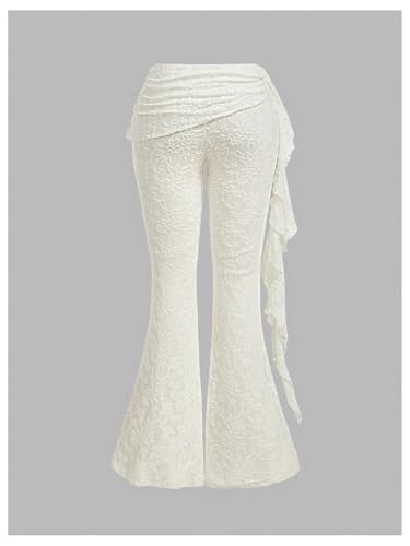 Floerns Women's Floral Lace Bell Bottom Pants Ruched Ruffle Low Waist Flared Trousers3