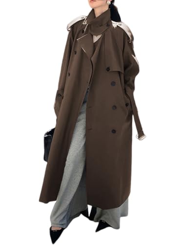 utcoco Womens 2026 Fashion Double Breasted Long Trench Coat Windproof Classic Lapel Overcoat with Belt (Large, Coffee)