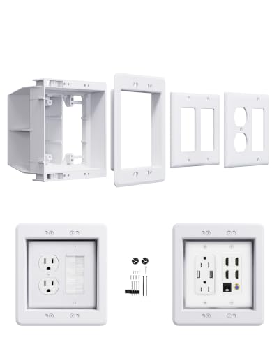 Image of 2-Gang Recessed Outlet Box, Recessed Electrical Box for Wall Mount TV | TVBU505-1 Gfci Wall Plug Outlet Mounting Box with USB for New Construction&Retrofit Projects