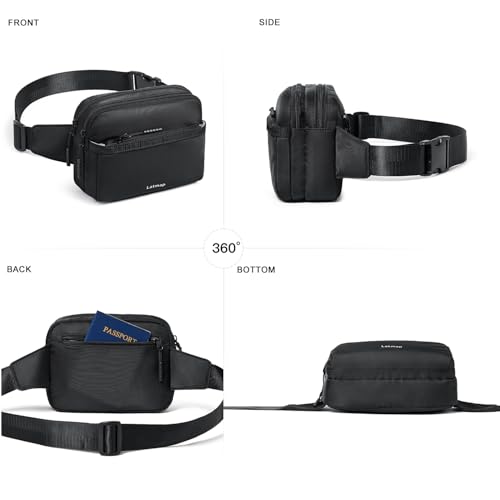 LATMAP 3L Fanny Packs for Women Men Fashion Waist Packs Belt Bag with 4-Zipper Pockets Crossbody Bag Easy Carry Wallet Purse for Travel Sports, Black