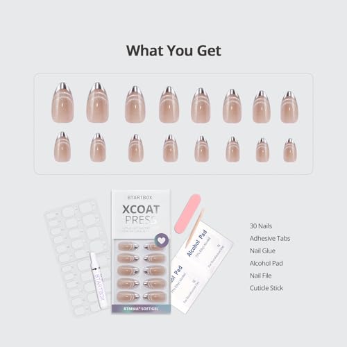 BTArtbox Almond Press On Nails Medium - Lamp-Curable Metallic French Tip Cat Eye Press On Nails with Glue for Women, Soft Gel Glue On Nails in 15 Sizes - 30 Stick On Nails Kit, Silver Storm