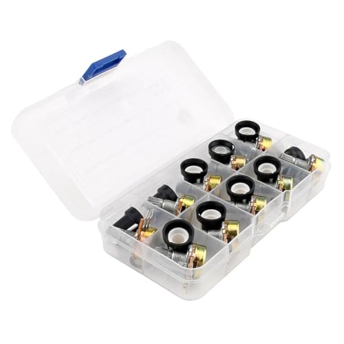 Image of 10Pcs Potentiometer Kit with Switch & Cap | Adjustable Resistors 1K /2K /5K /10K /20K /50K /100K /250K /500K /1M | Durable Carbon Film & Metal Build with 10 Knobs, Nuts & Washers in Storage Box