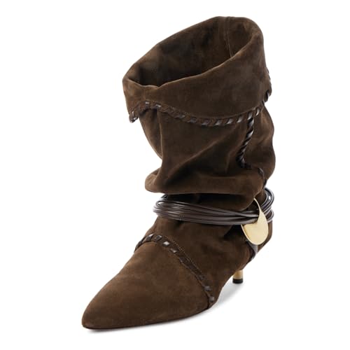 Yishaweiqi Kitten Heel Mid Calf Boots for Women Metallic Low Heel Ankle Boots Pull On Pointed Toe Slouch Boots Fall Suede Boots