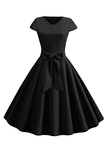 Yming Kurzärmelige Damen Rockabilly Kleider Mit Gürtel Elegante Cocktail Sommerkleider Sexy Einfarbiges Kleid Midi Audrey Hepburn Kleider Schwarz L