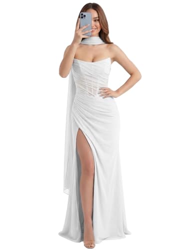WENKAFO Corset Dress Strapless Bridesmaid Dresses Long for Women with Slit Chiffon Maxi Gowns White...