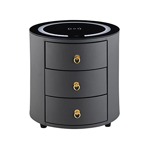 TUKAILAi Table de Chevet Ronde avec 3 Tiroirs, Table de Chevet Connectée, Table de Nuit Ronde Gris Intelligent, Table d’Appoint Chargeur Telephone sans Fil,...