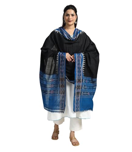 Image of Cotton Dupatta with weaving and Ikat woven border from the Weavers Stole for Girls & Women