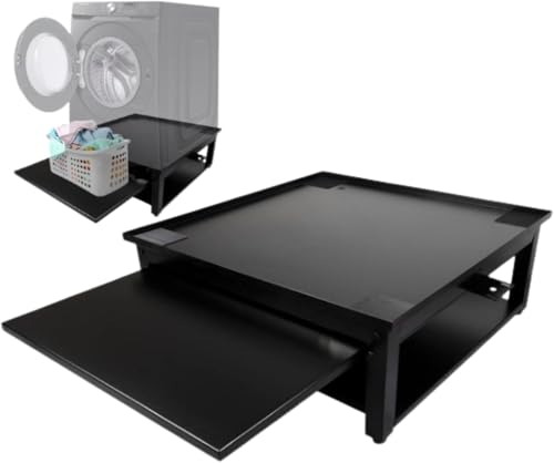 Image of Laundry Pedestal for Washer or Dryer with Drain Pan & Hose - 24 inchW, 10 inchH | Universal Fit 800 lbs Capacity Steel Stand With Pull Out Shelf for Back Pain Relief, Keeps Space Clean, All Brands Supported