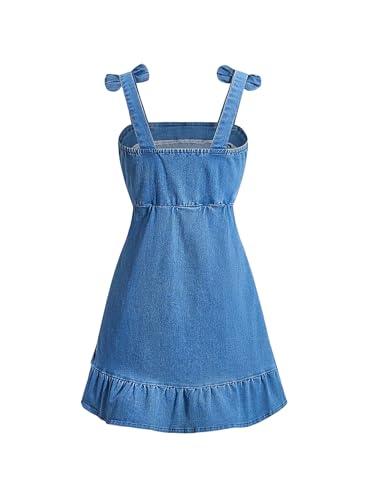 Floerns Girl's Cute Denim Dress Bow Tie Straps Sleeveless Ruched Ruffle Hem Mini Dress2