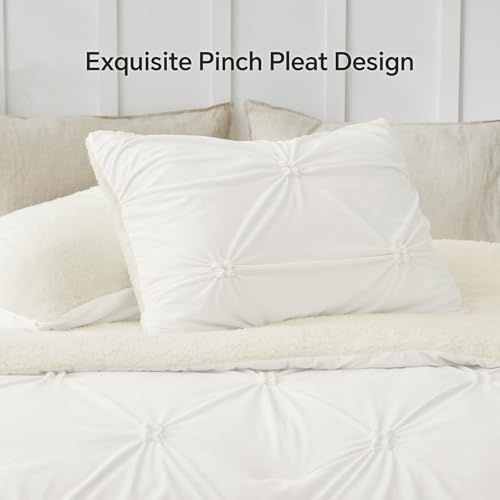 Image of BEDELITE Fluffy Sherpa King Comforter Set,Pintuck-White | Super Soft & Warm Fleece Bedding, Luxury Fuzzy Comforter for Winter, Heavy Plush Bedding Set,2 Pillowcases