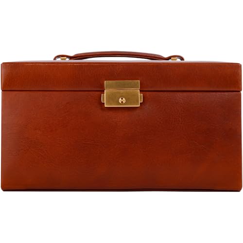 Image of Time Resistance Jewelry Box - Full Grain Leather Jewellery Organizer - Accessories Storage - Key Lock Box for Women (Cognac Brown)