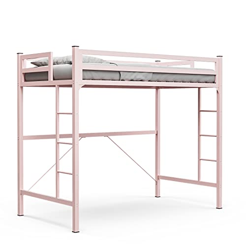 IKIFLY-Metal-Twin-Size-Loft-Bed-Frame-Heavy-Duty-Princess-Cute-Loft-Beds-with-2-Ladders-Safety-Guard-Rail-Space-Saving-Noise-Free-No-Box-Spring-Needed-Pink