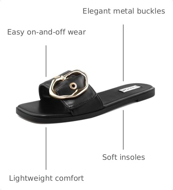 Image of STUNAHOME Flat Sandals Women Fashion Slides With Soft Leather Paired with Metal buckle Slippers