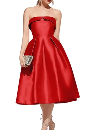 Image of Strapless Satin A-Line Cocktail Dress for Women - Elegant Prom, Wedding,Formal Evening Gown with Pleated Skirt