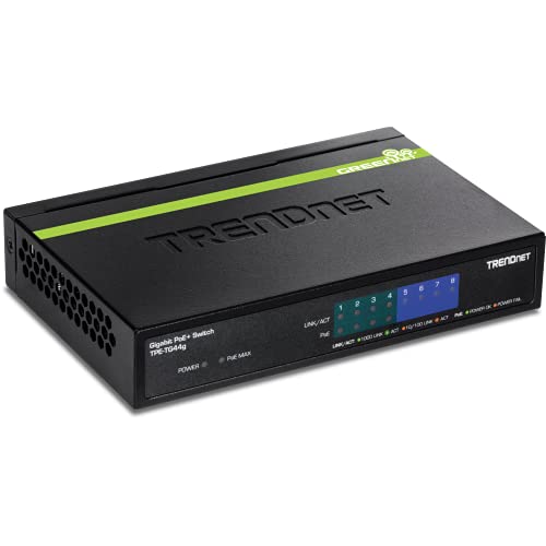 TRENDnet 8-Port Gigabit GREENnet PoE+ Switch, 4 x Gigabit PoE/PoE+ Ports (Up to 30 Watts/Port), 4 x Gigabit Ports, 61 Watt Total Power Budget, 16 Gbps Switching Capacity, TPE-TG44G TRENDnet 8-Port Gigabit GREENnet PoE+ Switch, 4 x Gigabit PoE/PoE+ Ports (Up to 30 Watts/Port), 4 x Gigabit Ports, 61 Watt Total Power Budget, 16 Gbps Switching Capacity, TPE-TG44G
