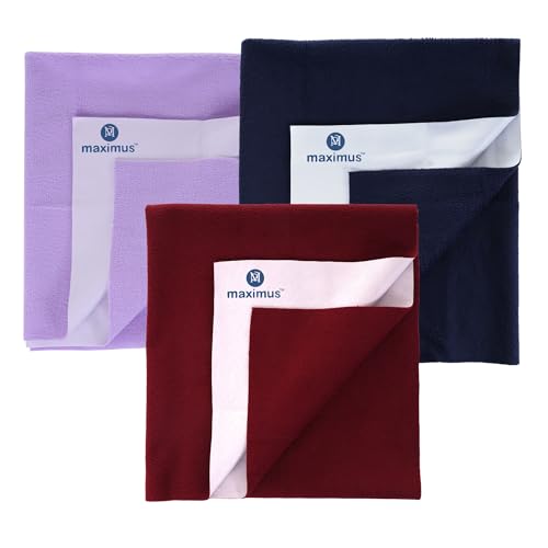 Image of Maximus Waterproof Quick Dry Sheet for Baby Pack of 3 | Bed Pad Extra Absorbent Washable Matress Protector | Bed Protector Sheet for Toddler Children (100x70 cm) (NBLUE, Maroon & Lilac, Medium)