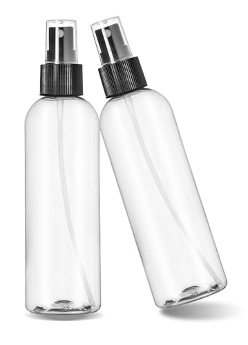 ljdeals 8 oz Clear Plastic Spray Bottles, Black Fine Mist Sprayer, Refillable Empty Bottles for Essential oils, Perfumes, Travel. Pack of 2, Made in USA2
