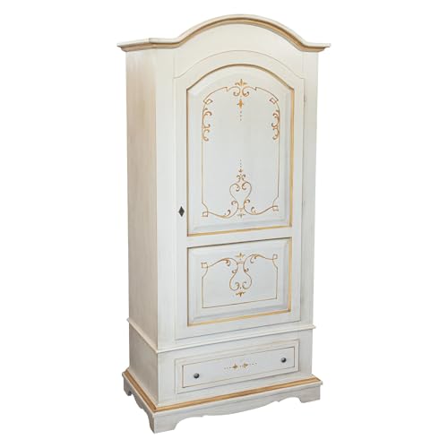 ARMADIO IN LEGNO MASSICCIO, 1 ANTA MOD ROVIGO SHABBY CHIC BIANCO ANTICATO DECORATO PROVENZALE FILO ARANCIO, Art 201512-PAR