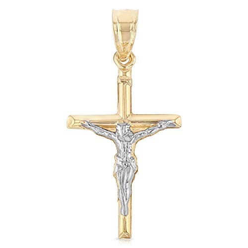 Ioka - 14K Two Tone Gold Jesus Christ Crucifix Cross Pendant Religious Tiny Size Charm