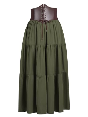 YESSA Womens Renaissance Flowy Fairy Skirt with Corset Belt High Waist Ren Faire Medieval Skirt with Pocket Pirate Costumes Outfit Moss Green Medium
