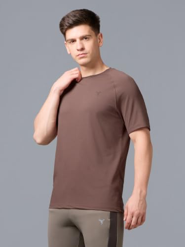 Image of TECHNOSPORT Men's Solid T-Shirt COTFLEX Quick Dry Slim Fit Round Neck Sports Tee for Gym Running Casual Wear UPF50+ Anti Odour