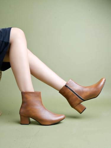 Image of Shoetopia Women's Ankle Boots - Faux Leather Pointed Toe Booties with Side Zip & Mid Block Heel for Work, Party & Everyday