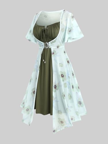 Image of ROSE GAL Rosegal Plus Size Women Sundress Set Flutter Sleeves Floral Dress and Lace-up Cami Dress