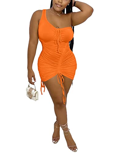 Annystore Women's Sexy Bodycon One Shoulder Pleated Dress Drawstring Sleeveless Ruchd Party Mini Dress Orange L
