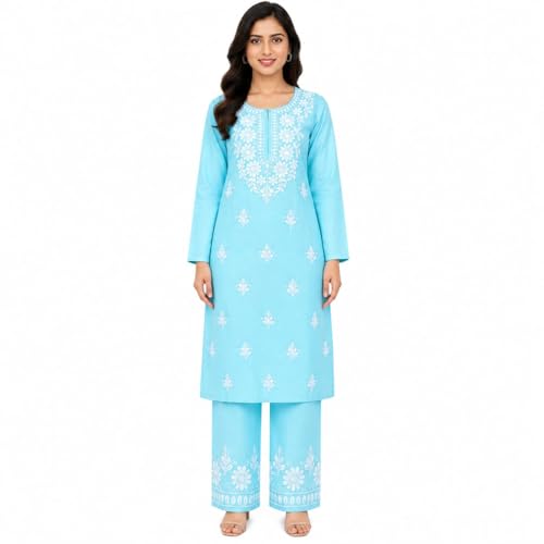 Image of Women's Chikankari Embroidered Straight Kurta with Palazzo Set, Traditional Kurti Bottom Set |Round Neck Full Sleeve Outfit for Daily,Office, Festive & Casual