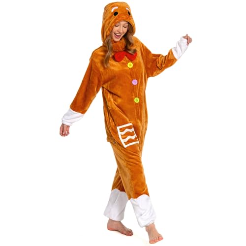 OLAOLA Adult Christmas Costume Unisex Gingerbread Onesie Cosplay Pajamas