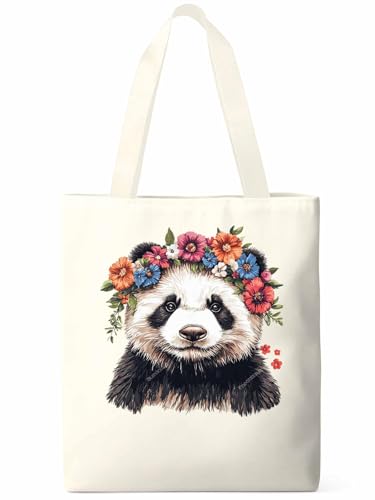 Canvas Tote Bags,Grocery Shopping Cloth Bag Cute Panda Floral Reusable Shoulder Bags Tote Bag for Travel Work Gym