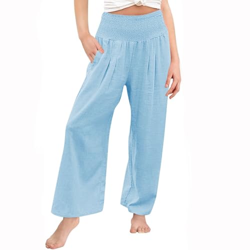 Wide Pants for Girls High Waisted Straight Legs Linen Trousers Pull On Elastic Waist Loose Cropped Pants with Pockets3