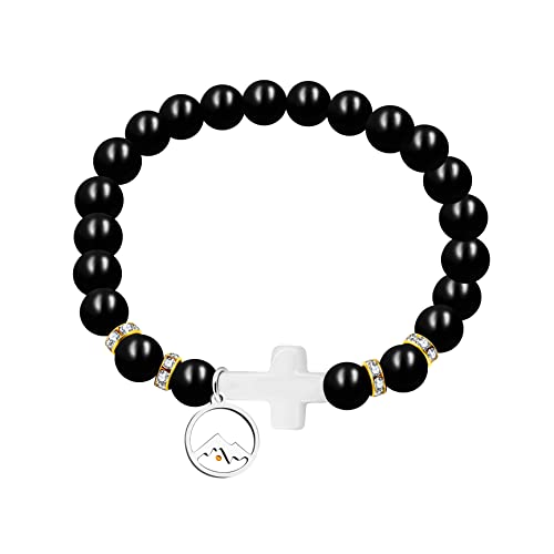 Image of Uloveido Black Agate Side Cross Bracelet Mustard Seed Charms, Personalized Letter A-Z Tiger's Eye Bangle Y944