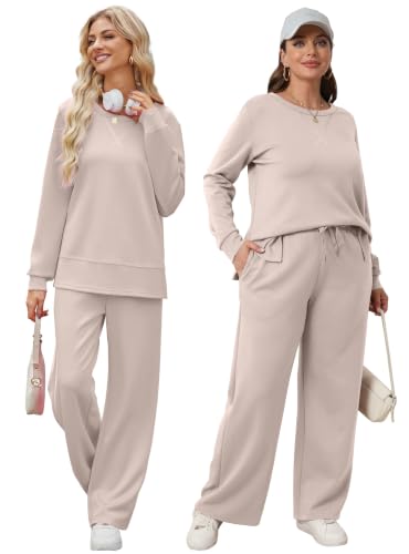 Image of OFEEFAN Women's 2 Piece Lounge Set Travel Airport Outfits Side Slit Tracksuit Wide Leg Loungewear Baggy Comfy Sweatsuit S-3XL
